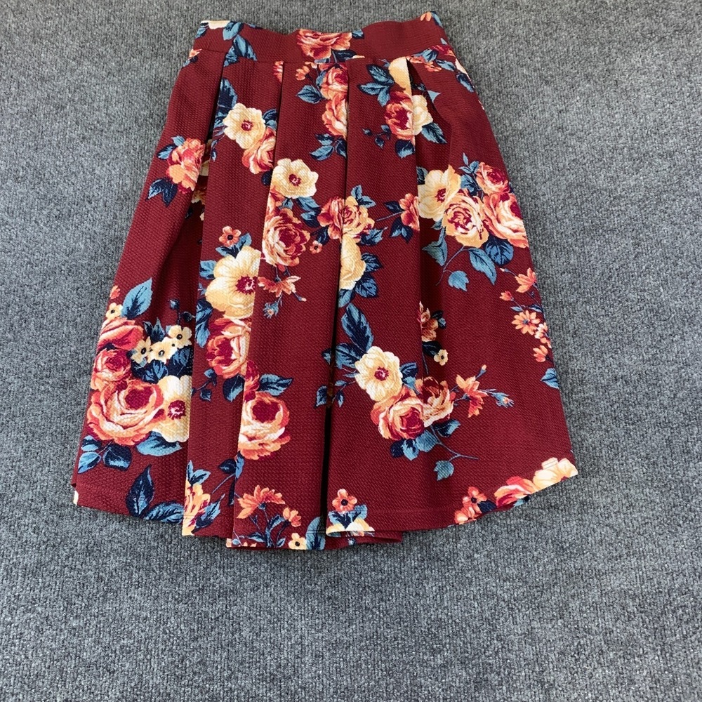 Haute Monde Skirt Womens M Burgundy Good Floral Stretch Pleated Midi A-Line